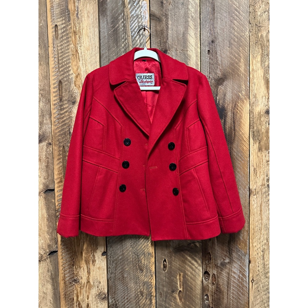 Guess Red Wool Pea Coat L Y2K Preppy Holiday Classic‎ Chic Streetwear Winter
